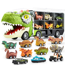 Carica l'immagine nel visualizzatore di Gallery, JOYIN 13 Pcs Dinosaur Toy Car Transporter for Kids, con 12 veicoli dinosauro retrattili, 1 camion trasporto dinosauri giocattolo con musica, suoni, luci, 1 elicottero