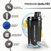 Carica l'immagine nel visualizzatore di Gallery, AMITYUNION Shaker per proteine 500 ml Heaven a prova di perdite, senza BPA con setaccio cliccabile e scala per frullati cremosi di siero di latte, shaker per proteine, originale in nero