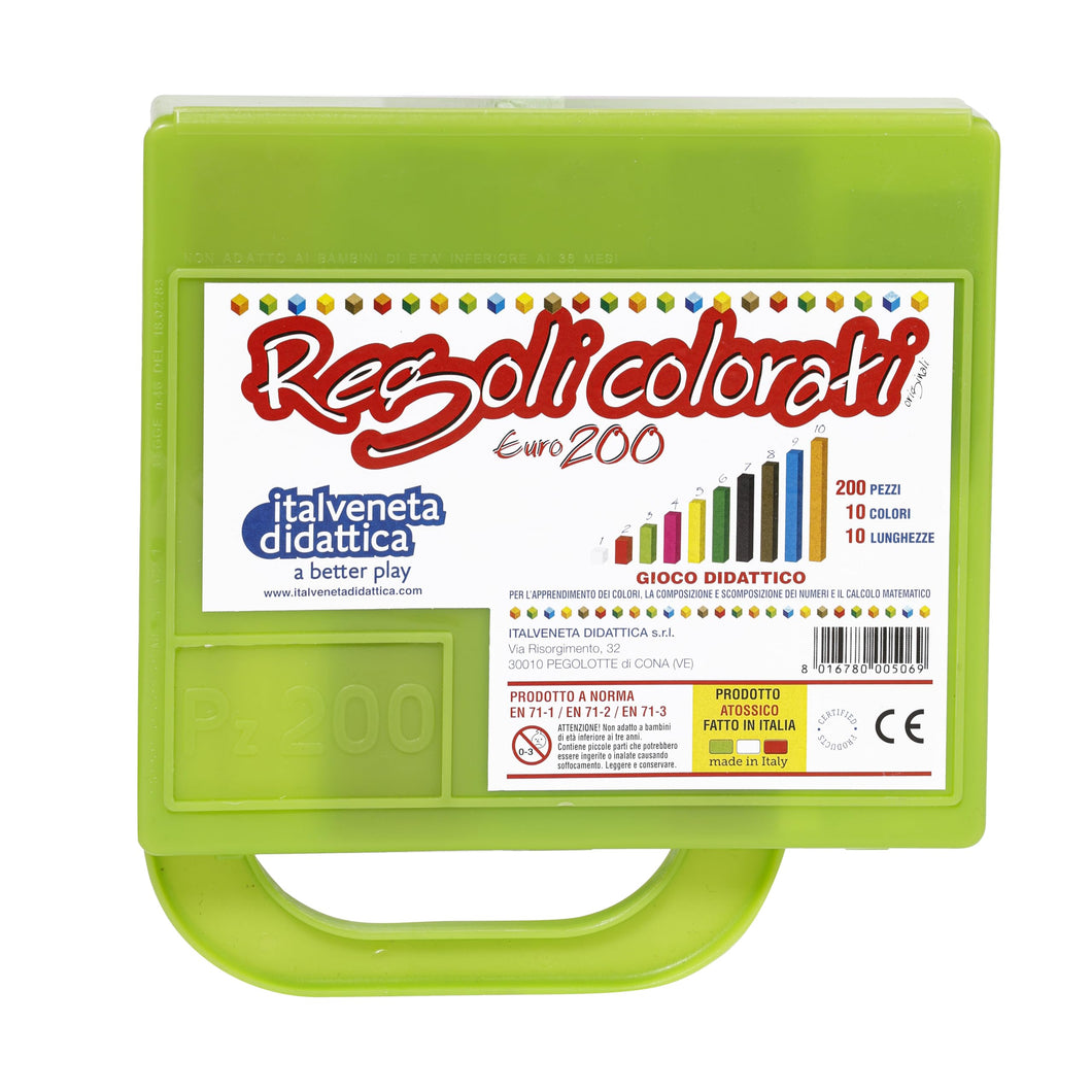 Italveneta Didattica - Valigetta Regoli Euro 200 per Apprendimento Matematico, Diverse Dimensioni e Colori, Materiale Atossico, Adatto per Bambini dai 5 anni, Fabbricato in Italia