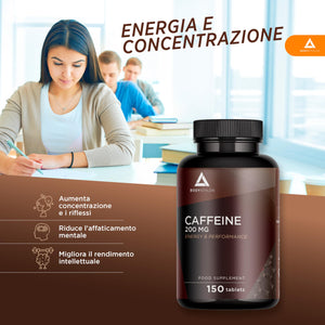 Caffeina pura 200mg- 150 compresse per 150 giorni - Energia e Concentrazione- Migliora le tue prestazioni sportive e intellettuali- Potenzia la tua resistenza – Alto dosaggi- Bodyathlon