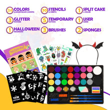 Carica l'immagine nel visualizzatore di Gallery, Truccabimbi Kit - 28 Colori Truccabimbi Kit Anallergici Atossici Professionali con 3 Pennelli 30 Stencil Regalo Bambina 3 4 5 6 7 8 9 Anni- Trucca Bimbi Viso Bambini per Halloween, Carnevale, Pasquale