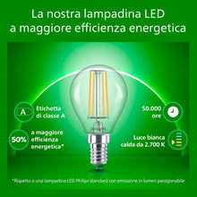 Carica l'immagine nel visualizzatore di Gallery, Philips Lampadina LED UltraEfficient Trasparente P45 a Filamento, Attacco E14 Piccolo Edison, Classe Energetica A, 252 l