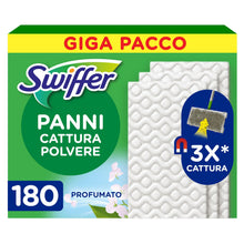 Carica l'immagine nel visualizzatore di Gallery, Swiffer Panni Cattura Polvere, 180 Panni Microfibra Dry, Cattura Polvere e Sporco, Ottimo per Tutti i Tipi di Pavimenti e per i Peli di Animali, Giga Formato