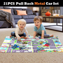 Carica l&#39;immagine nel visualizzatore di Gallery, TOYABI 21 pezzi Macchinine per Bambini Set, 10 Macchinine Metallo con Lanciatore/Blocco Stradale/Tappeto da Gioco per Bambini/Borsa per il Trasporto, Ragazzi e Ragazze 2, 3, 4 Anni e Più
