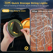 Carica l'immagine nel visualizzatore di Gallery, 10M Catena luminosa da campeggio arrotolabile, portatile 3 in 1, con 8 modalità di illuminazione, Solari &amp; USB ricaricab