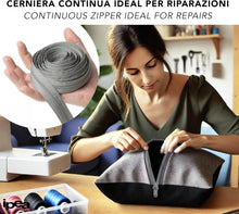 Carica l'immagine nel visualizzatore di Gallery, IPEA Cerniera Lampo Catena Continua misura #3 Grigia - [ 5 METRI + 15 CURSORI IN METALLO ] - Made in Italy - Zip Ritagliabile per Cucito, Abbigliamento, Accessori - Larghezza 30 mm - Grigio