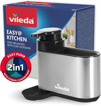 Carica l'immagine nel visualizzatore di Gallery, Vileda Sink Organizer con Dispenser di Sapone in Acciaio Inox - Porta Spugne da Cucina indipendente - Organizer Lavastoviglie con Dispenser di Sapone per Spugne e Spazzole - Durevole e Antiruggine