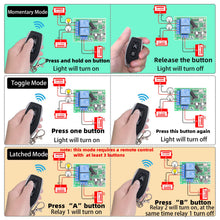 Carica l'immagine nel visualizzatore di Gallery, DieseRC Interruttore remoto wireless 433 Mhz RF ricevitore relè a 2 canali AC 220V 230V 240V 110V con 2 telecomandi per 