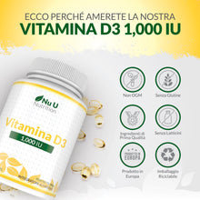 Carica l'immagine nel visualizzatore di Gallery, Vitamina D3 1000UI - 365 Capsule Softgel - 1 Anno di Scorta - Integratore di Vitamina D - Colecalciferolo ad Alta Biodisponibilità - Facili da Deglutire - Nu U Nutrition