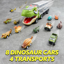 Carica l'immagine nel visualizzatore di Gallery, JOYIN 13 Pcs Dinosaur Toy Car Transporter for Kids, con 12 veicoli dinosauro retrattili, 1 camion trasporto dinosauri giocattolo con musica, suoni, luci, 1 elicottero
