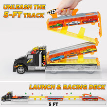 Carica l'immagine nel visualizzatore di Gallery, JOYIN Camion Trasportatore Macchinine Giocattolo per Bambini, 12 Veicoli Giocattolo in Metallo Pressofuso, Giocattolo da Corsa su Strada Pieghevole con luci e Suoni, Regalo per 3 Anni in su