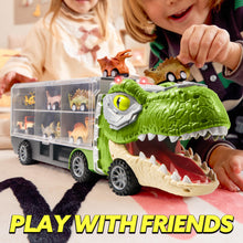 Carica l'immagine nel visualizzatore di Gallery, JOYIN 13 Pcs Dinosaur Toy Car Transporter for Kids, con 12 veicoli dinosauro retrattili, 1 camion trasporto dinosauri giocattolo con musica, suoni, luci, 1 elicottero