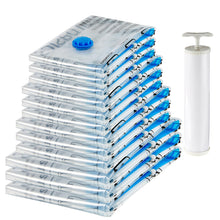 Carica l&#39;immagine nel visualizzatore di Gallery, Amazon Basics Sacchetti sottovuoto con pompa a mano, Molteplici, Cerniera, confezione da 12 (3 jumbo, 3 grandi, 3 medi, 3 piccoli), Trasparente