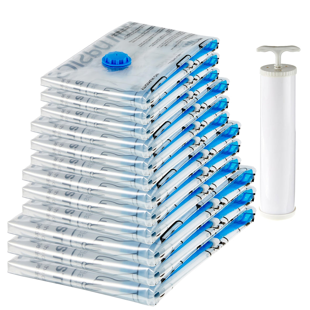 Amazon Basics Sacchetti sottovuoto con pompa a mano, Molteplici, Cerniera, confezione da 12 (3 jumbo, 3 grandi, 3 medi, 3 piccoli), Trasparente