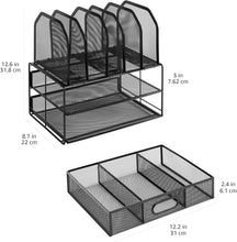 Carica l'immagine nel visualizzatore di Gallery, Amazon Basics Organizer da scrivania in rete con cassetto a scorrimento, due scomparti e 5 sezioni verticali, Nero