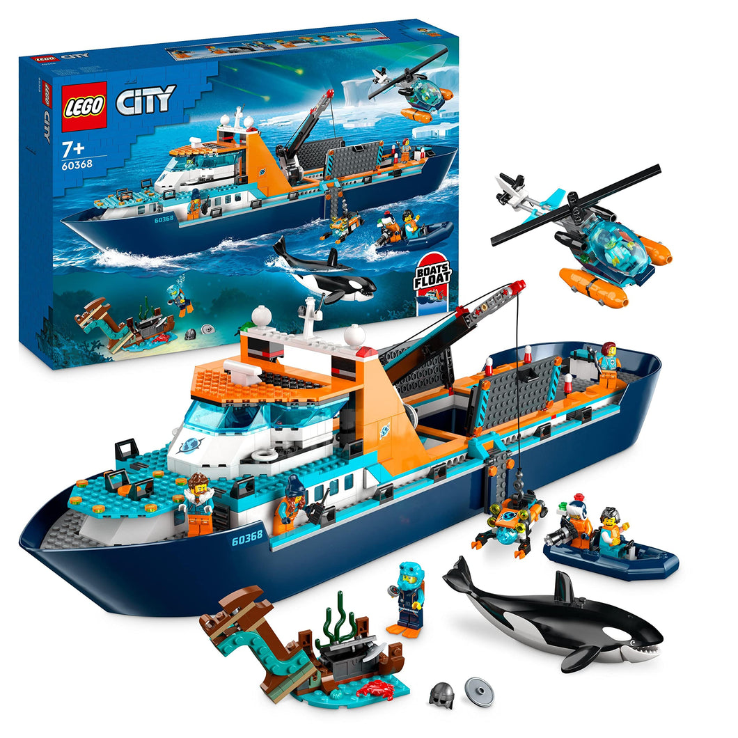 LEGO City Esploratore Artico, Grande Nave Giocattolo Galleggiante con Elicottero, Gommone, Sottomarino, Relitto Barca Vichinga, 7 Minifigure e un'Orca, Regalo per Bambini e Bambine dai 7 Anni 60368
