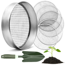 Carica l'immagine nel visualizzatore di Gallery, Setaccio da giardino rotondo da 30 cm con 5 inserti intercambiabili - setaccio in acciaio inox per terriccio, compost, s