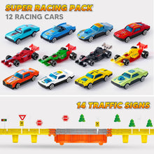Carica l'immagine nel visualizzatore di Gallery, JOYIN Camion Trasportatore Macchinine Giocattolo per Bambini, 12 Veicoli Giocattolo in Metallo Pressofuso, Giocattolo da Corsa su Strada Pieghevole con luci e Suoni, Regalo per 3 Anni in su