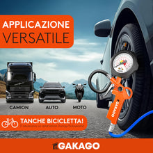 Carica l'immagine nel visualizzatore di Gallery, Gakago Gonfiatore preciso per pneumatici con manometro di alta qualità da 0 a 12 bar - Tubo di gonfiaggio extra lungo da