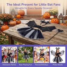 Carica l'immagine nel visualizzatore di Gallery, Costume da pipistrello di Halloween per bambini, 4 pezzi, con cerchietto, ali e tutù, ideale per bambine da 3 a 10 anni,