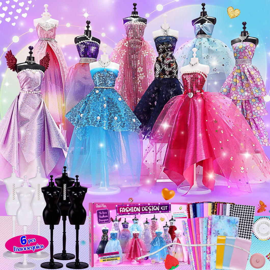 800+ Pezzi – Kit Di Design Di Moda Per Ragazze con 6 Manichini, Kit Per Arte e Artigianato Creativi, Kit Da Cucito Per Bambini, Regalo di Compleanno per Bambine, 6 7 8 9 10 11 12+ anni