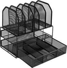 Carica l'immagine nel visualizzatore di Gallery, Amazon Basics Organizer da scrivania in rete con cassetto a scorrimento, due scomparti e 5 sezioni verticali, Nero