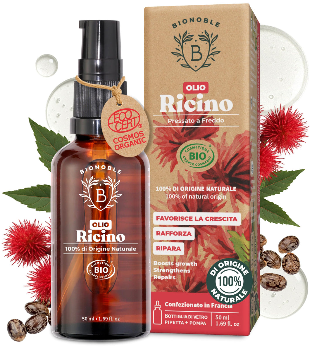 Bionoble Olio di Ricino Biologico 50ml - 100% Puro, Naturale, Pressato a Freddo - Ciglia, Sopracciglia, Capelli, Barba, Unghie - Vegan Castor Oil - Bottiglia di Vetro + Pipetta + Pompa