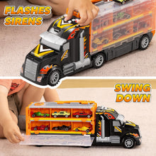 Carica l'immagine nel visualizzatore di Gallery, JOYIN Camion Trasportatore Macchinine Giocattolo per Bambini, 12 Veicoli Giocattolo in Metallo Pressofuso, Giocattolo da Corsa su Strada Pieghevole con luci e Suoni, Regalo per 3 Anni in su