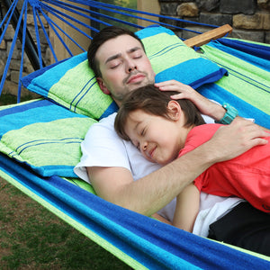 SONGMICS Amaca di Stoffa Portatile da Campeggio e Giardino, Telo con Barre Trasversali, 210 x 150 cm, Portata Max. 300 kg, Strisce Multicolore GDC22L