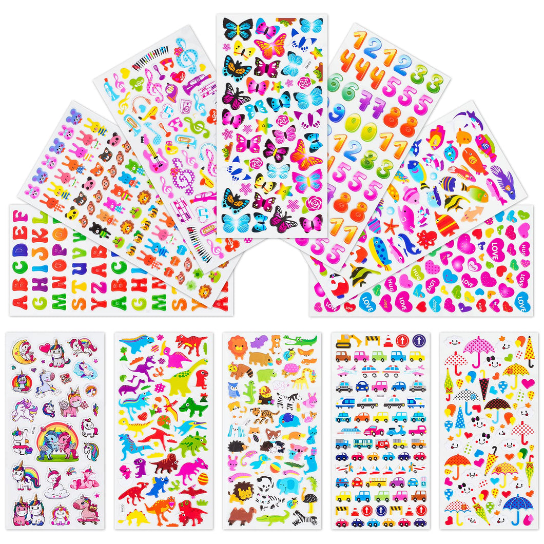 Leenou Adesivi per Bambini, 1000+ Adesivi 3D Stickers per Puffy Adesivi per Regali Gratificanti Scrapbooking Inclusi Camion, Animali, Pesci, Dinosauri, Numeri, Frutta e Altro (18 Fogli)