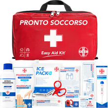 Carica l'immagine nel visualizzatore di Gallery, AIESI® Kit di Pronto Soccorso professionale con TERMOMETRO e DISINFETTANTE per auto casa viaggio barca moto trekking EAS