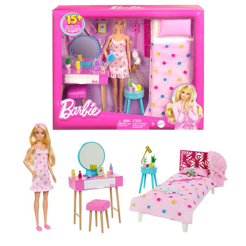 Barbie - Set Camera da letto di Barbie, include una bambola in pigiama rosa e pantofole, un gattino, letto, specchiera e comodino, 20+ accessori a tema, giocattolo per bambini, 3+ anni, HPT55