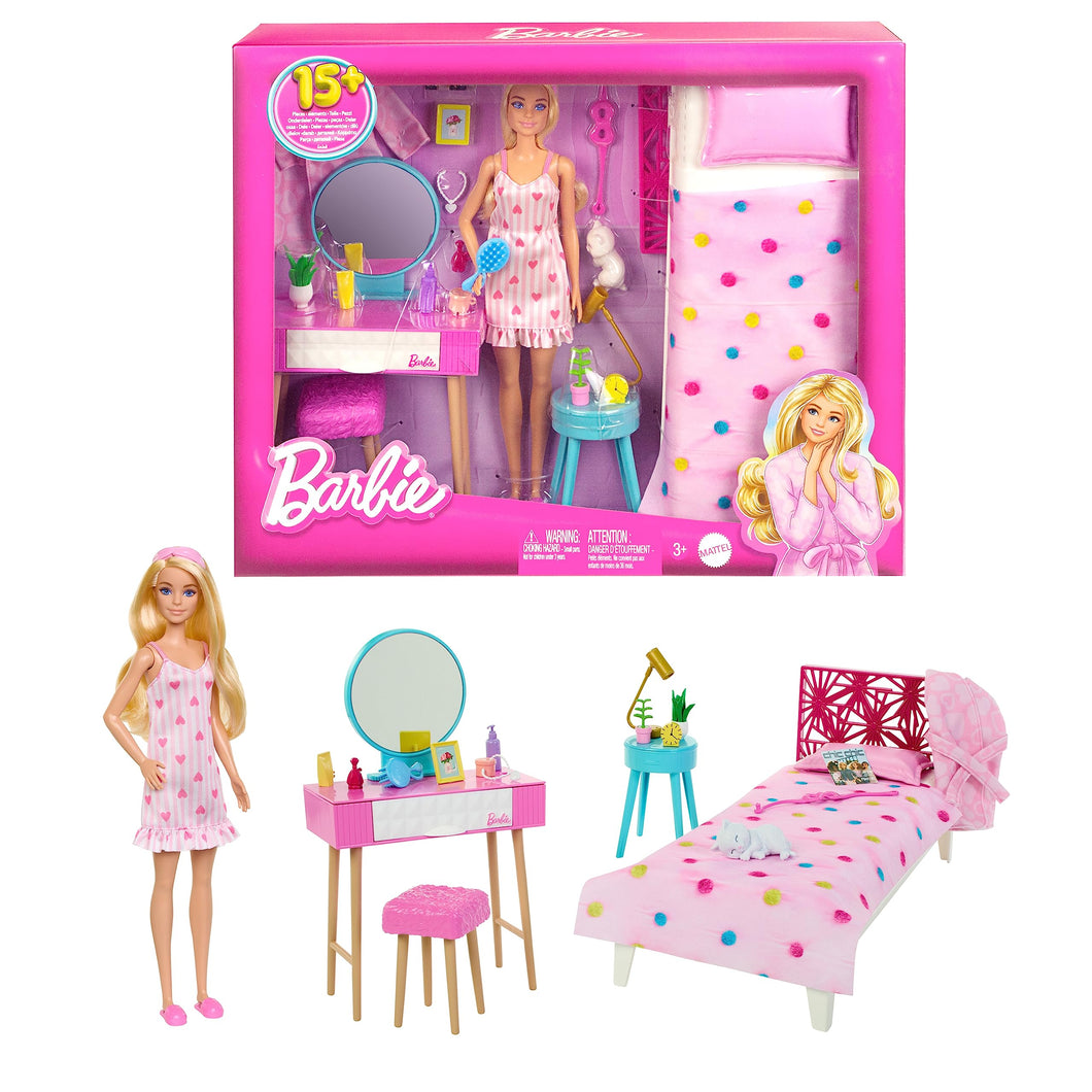 Barbie - Set Camera da letto di Barbie, include una bambola in pigiama rosa e pantofole, un gattino, letto, specchiera e comodino, 20+ accessori a tema, giocattolo per bambini, 3+ anni, HPT55