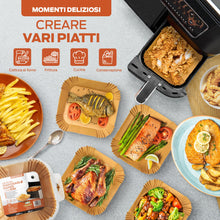 Carica l'immagine nel visualizzatore di Gallery, PORTENTUM Carta forno per friggitrice ad aria, 100 unità quadrate 20–24 cm, adatte a modelli 5–8 L