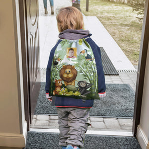 KAÏDENSÏ Sacca Asilo con Nome Personalizzata Giungla - Zainetto Asilo Nido 32x40 cm con Tasca Interna 20x10 cm - Zaino Asilo Bambino Originale per Bambini Piccoli