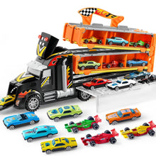 Carica l'immagine nel visualizzatore di Gallery, JOYIN Camion Trasportatore Macchinine Giocattolo per Bambini, 12 Veicoli Giocattolo in Metallo Pressofuso, Giocattolo da Corsa su Strada Pieghevole con luci e Suoni, Regalo per 3 Anni in su