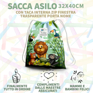 KAÏDENSÏ Sacca Asilo con Nome Personalizzata Giungla - Zainetto Asilo Nido 32x40 cm con Tasca Interna 20x10 cm - Zaino Asilo Bambino Originale per Bambini Piccoli