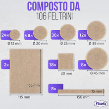 Carica l'immagine nel visualizzatore di Gallery, Filzada® 156x Feltrini Autoadesivi Quadrati e Tondi Beige - Feltro Mobili