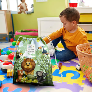 KAÏDENSÏ Sacca Asilo con Nome Personalizzata Giungla - Zainetto Asilo Nido 32x40 cm con Tasca Interna 20x10 cm - Zaino Asilo Bambino Originale per Bambini Piccoli