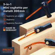 Carica l'immagine nel visualizzatore di Gallery, Presch Mini Seghetto per Metallo flessibile 300mm - a mano 3 in 1 con lama - Impugnatura regolabile - Piccola sega per f