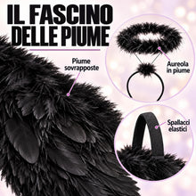 Carica l'immagine nel visualizzatore di Gallery, Ali celestiali e cerchietto scuro da angelo – Abito femminile con ali e ornamento nero – Travestimento nero da creatura 