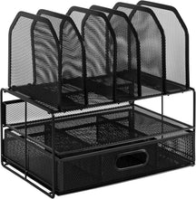 Carica l'immagine nel visualizzatore di Gallery, Amazon Basics Organizer da scrivania in rete con cassetto a scorrimento, due scomparti e 5 sezioni verticali, Nero