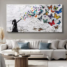 Carica l'immagine nel visualizzatore di Gallery, Dipinto su Tela di Banksy con Ragazza Farfalla, Poster e Stampe d'Arte Murale, Stampa Artistica Moderna Colorata in Stil