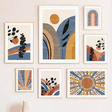 Carica l'immagine nel visualizzatore di Gallery, Quadro su tela con motivi geometrici, foglie arcobaleno e sole in stile boho, poster e stampe astratte, quadri da parete