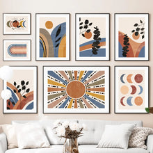 Carica l'immagine nel visualizzatore di Gallery, Quadro su tela con motivi geometrici, foglie arcobaleno e sole in stile boho, poster e stampe astratte, quadri da parete