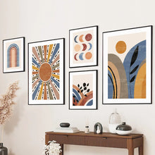 Carica l'immagine nel visualizzatore di Gallery, Quadro su tela con motivi geometrici, foglie arcobaleno e sole in stile boho, poster e stampe astratte, quadri da parete
