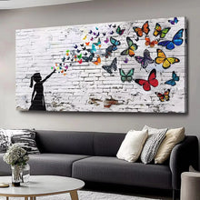 Carica l'immagine nel visualizzatore di Gallery, Dipinto su Tela di Banksy con Ragazza Farfalla, Poster e Stampe d'Arte Murale, Stampa Artistica Moderna Colorata in Stil