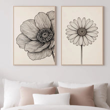 Carica l'immagine nel visualizzatore di Gallery, Stampa astratta neutra con motivi floreali a linee, stampa minimalista moderna con motivi floreali a linee in bianco e b