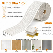 Carica l'immagine nel visualizzatore di Gallery, 1 rotolo da 10 m di bordo decorativo autoadesivo da 5 mm di spessore per pareti 3D, adesivo flessibile per battiscopa, p