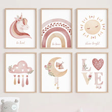 Carica l'immagine nel visualizzatore di Gallery, Acquerello Unicorno Sole Luna Arcobaleno Nuvola Wall Art Canvas Painting Cartoon Poster e stampe Immagini Ragazza Camera